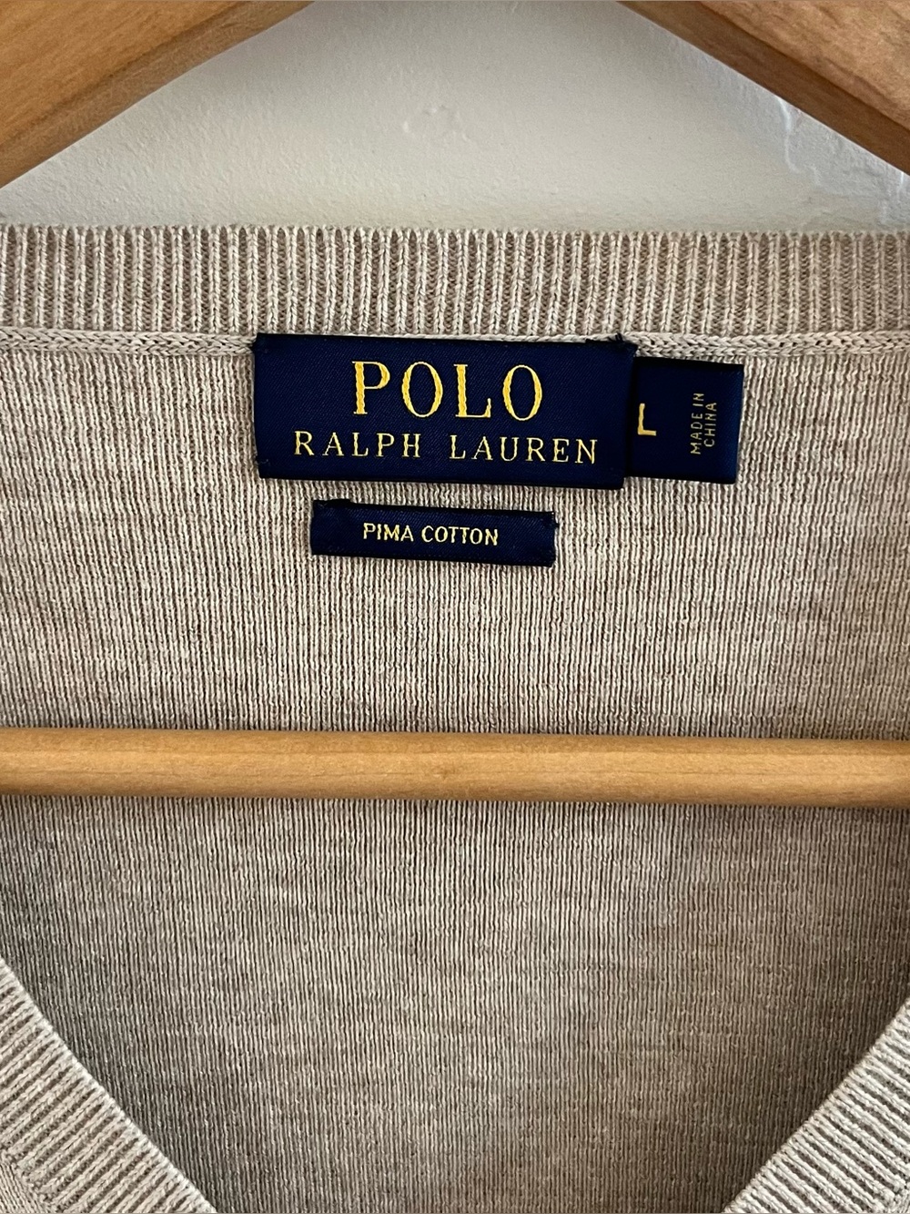 Polo Ralph Lauren Sweater Men's Large Biege V-Neck Pima Cotton Long Sleeve - Picture 3 of 7